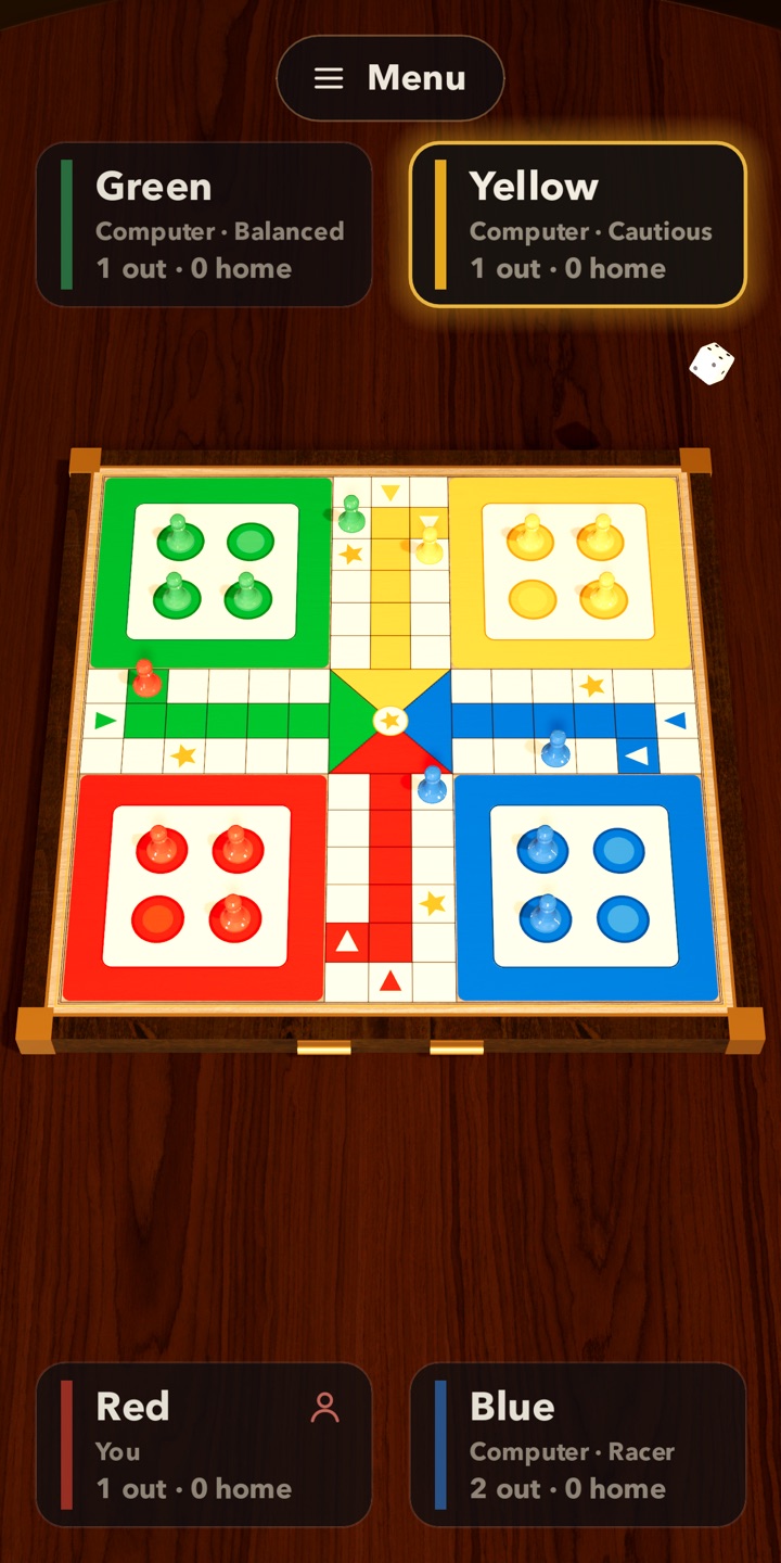 Ludo & Snakes Premium: a Ludo board with brass corners on a walnut table, tokens in play and a player panel in each corner