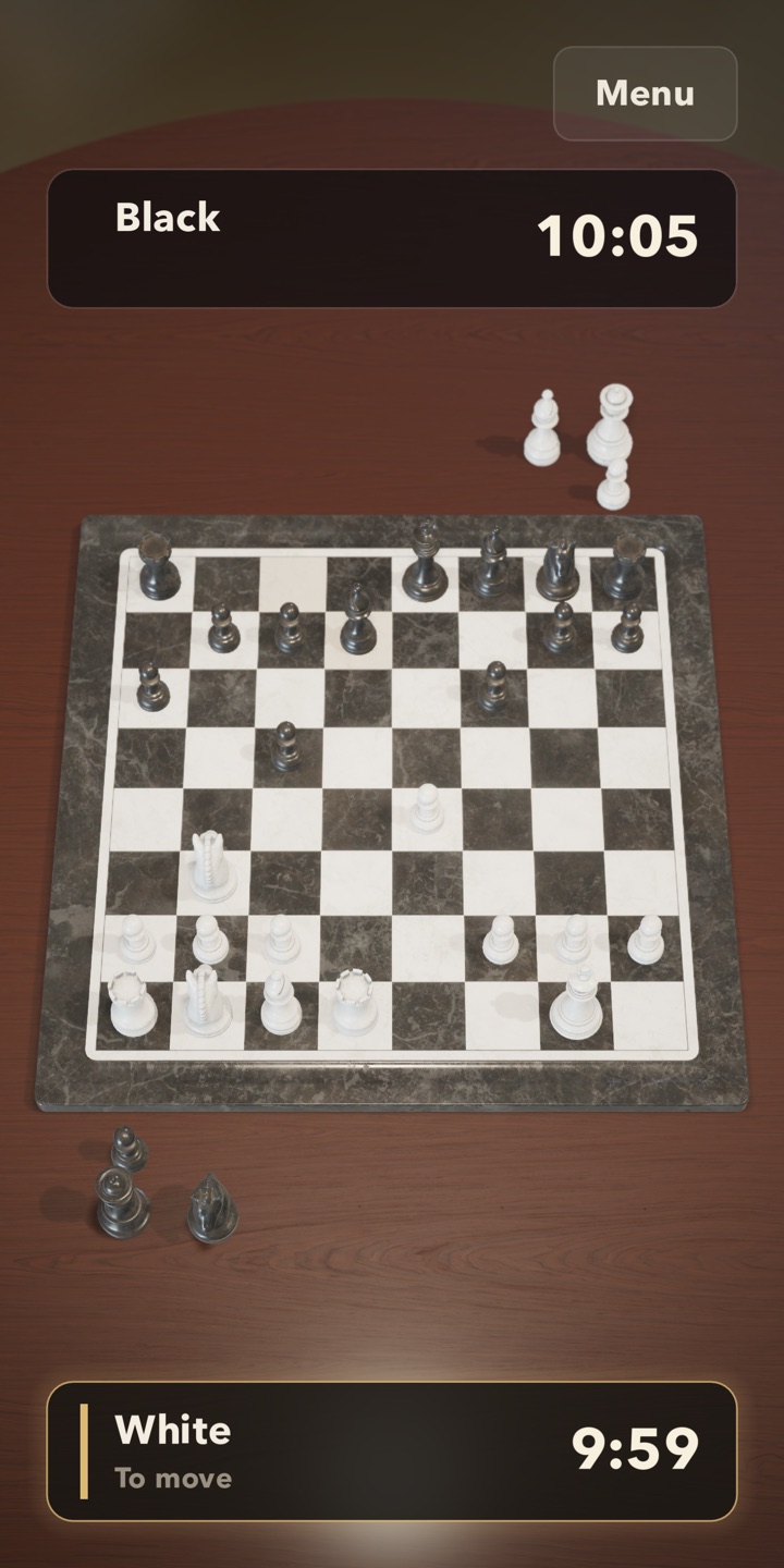 Premium Chess: a marble chess board on a rosewood table, with captured pieces beside it and both clocks running