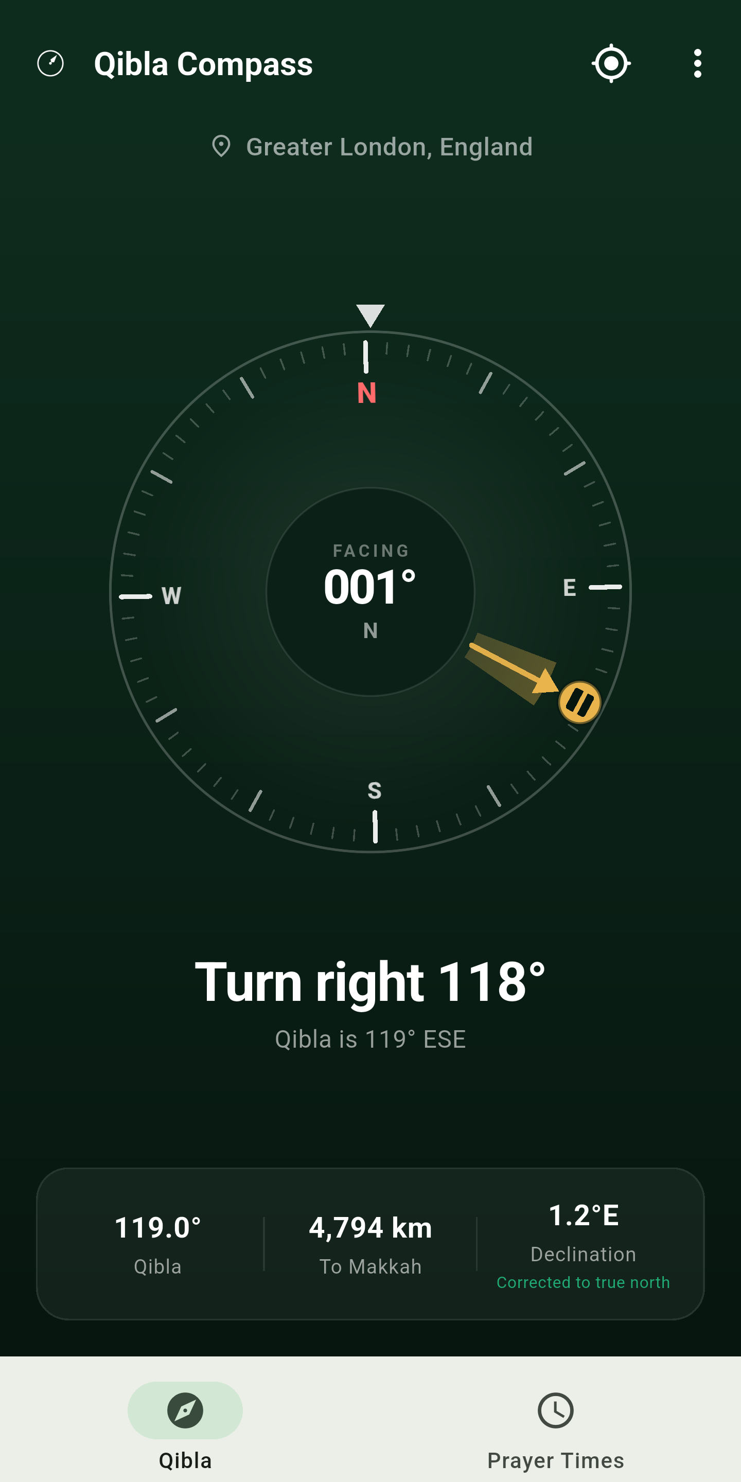 Qibla Finder compass showing the direction to Qibla
