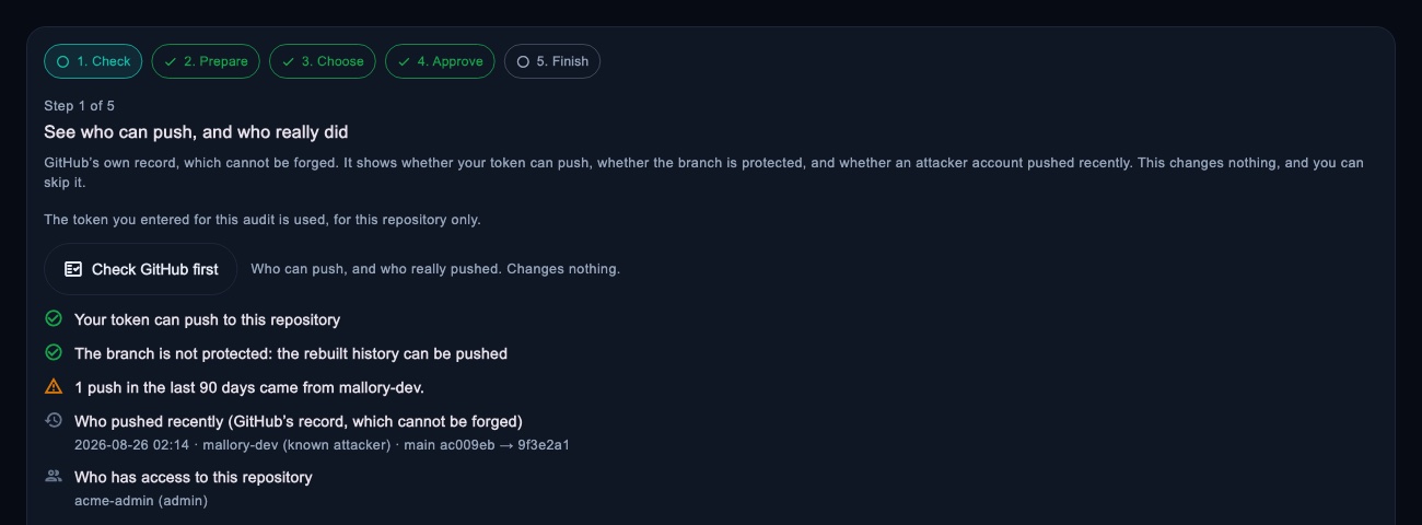 Clean-up as a walk-through: check who can push, prepare the rebuild, decide each file, approve, then ask GitHub to purge