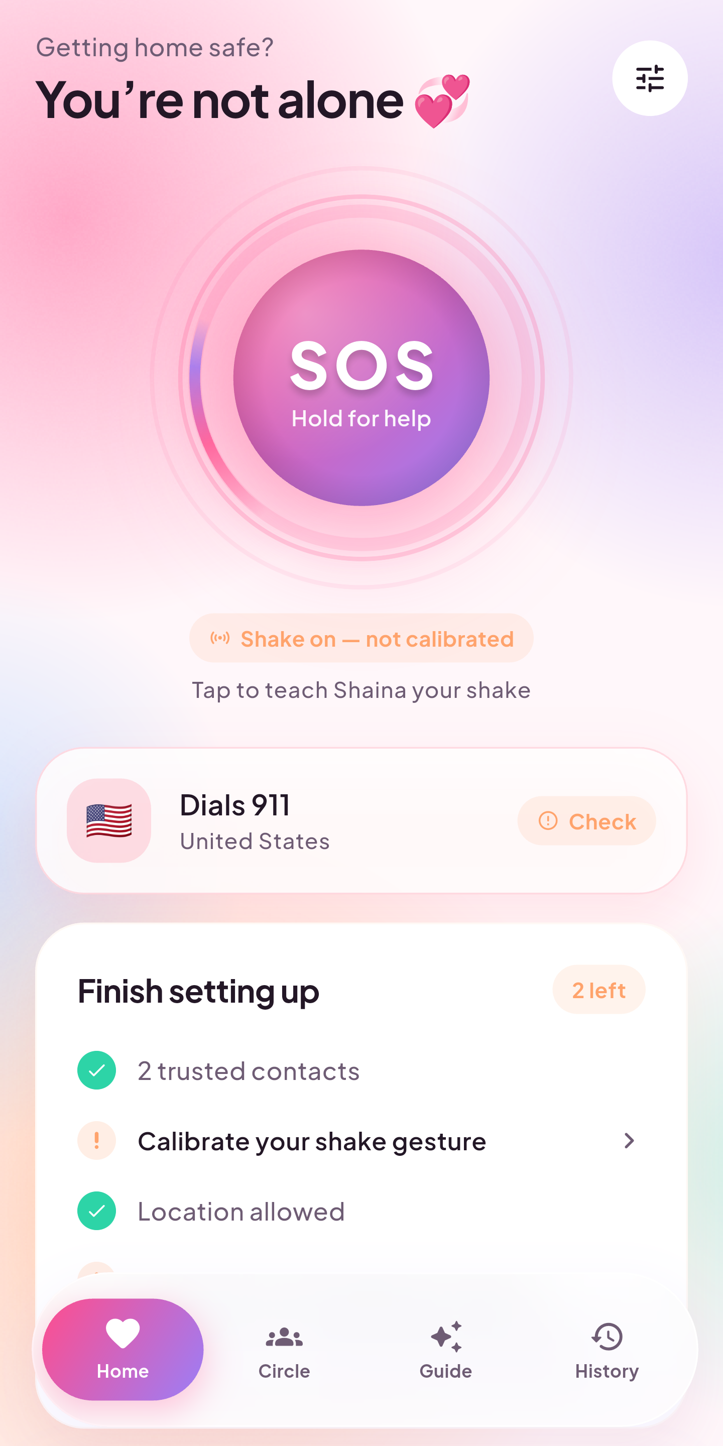 Shaina home screen with the SOS button and the emergency number it would dial