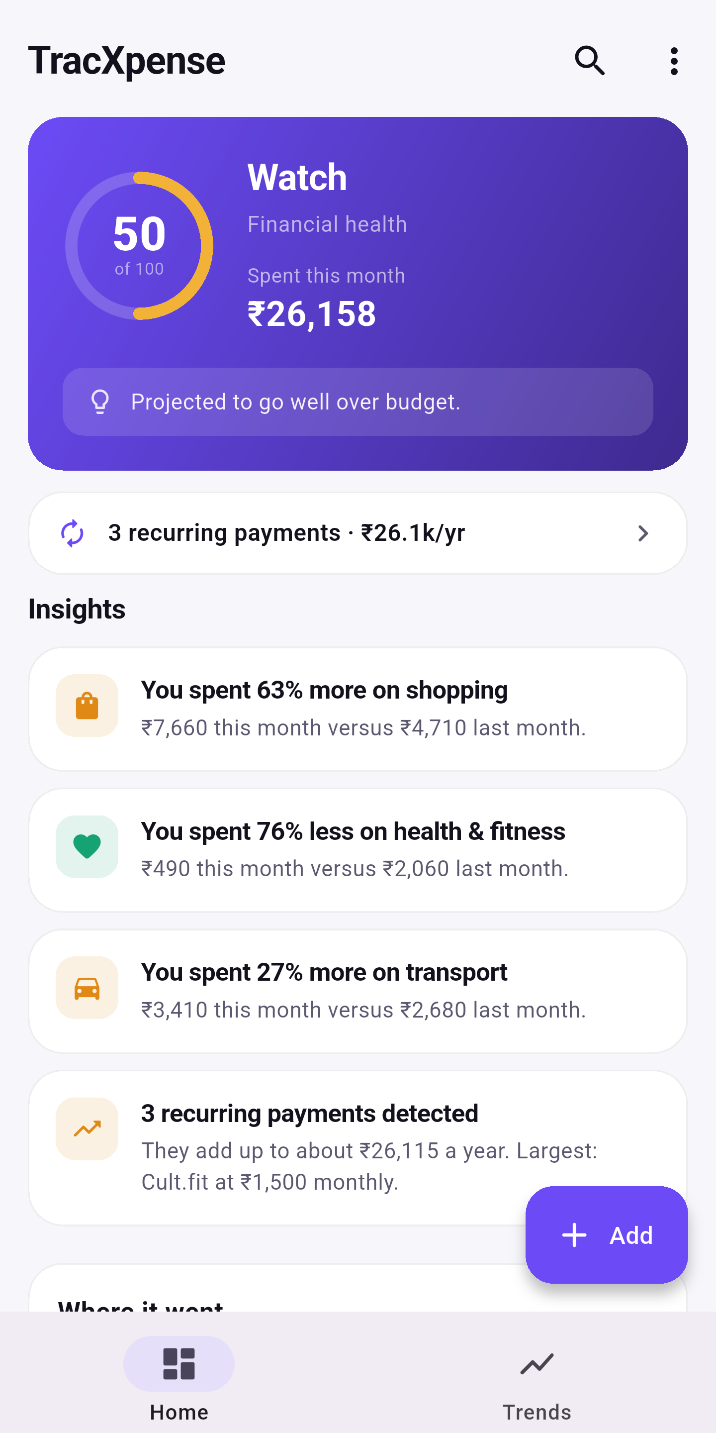 TracXpense dashboard showing spending insights